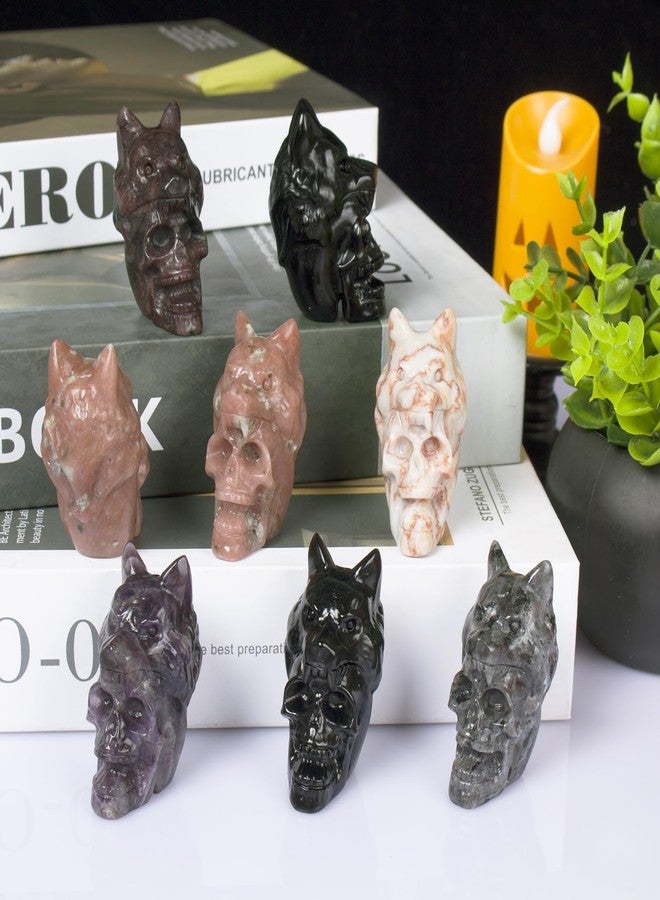 Ytbeoxk 2.17 Inch Crystal Skull with Wolf Head Figurine Decor, Black Obsidian Skull with Wolf Head Statue Decor for Home Office Desk, Hand Carved Healing Crystal Animal Statues Gifts for Women Men - Image 4